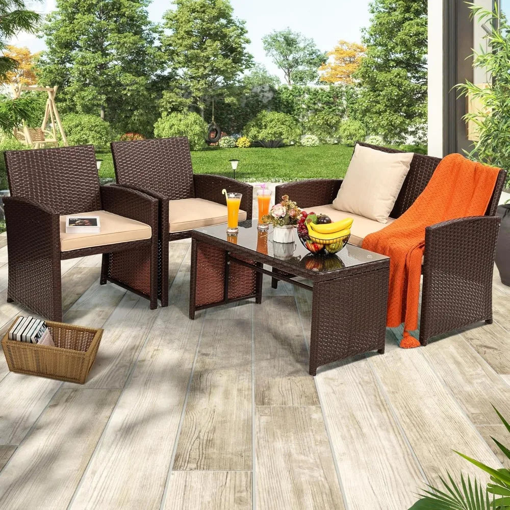 4 Piece Rattan Patio Furniture Set with Cushioned Sofa for Garden and Porch