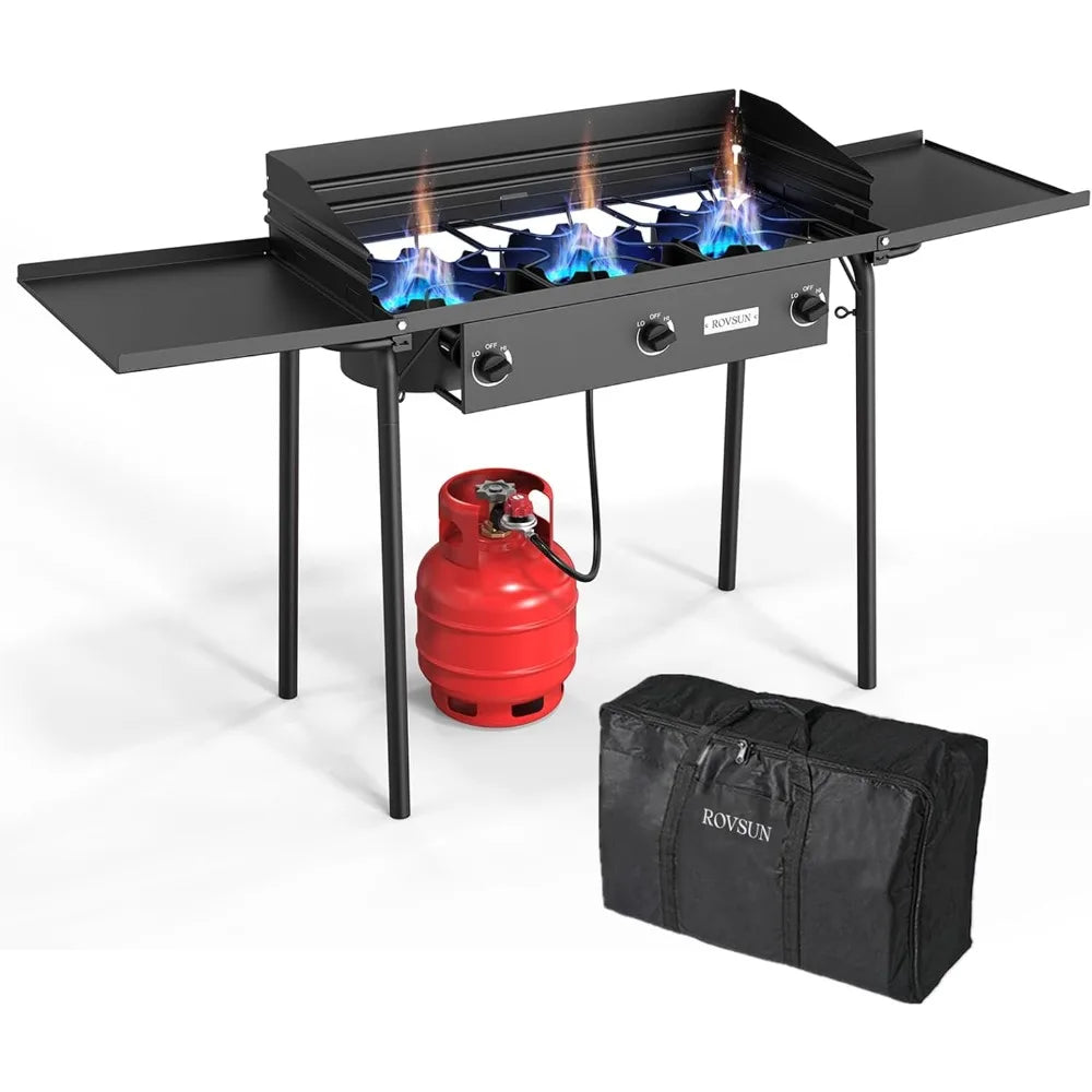 3 Burner Propane Gas Stove with Side Shelf and Tote Bag for Outdoor Cooking