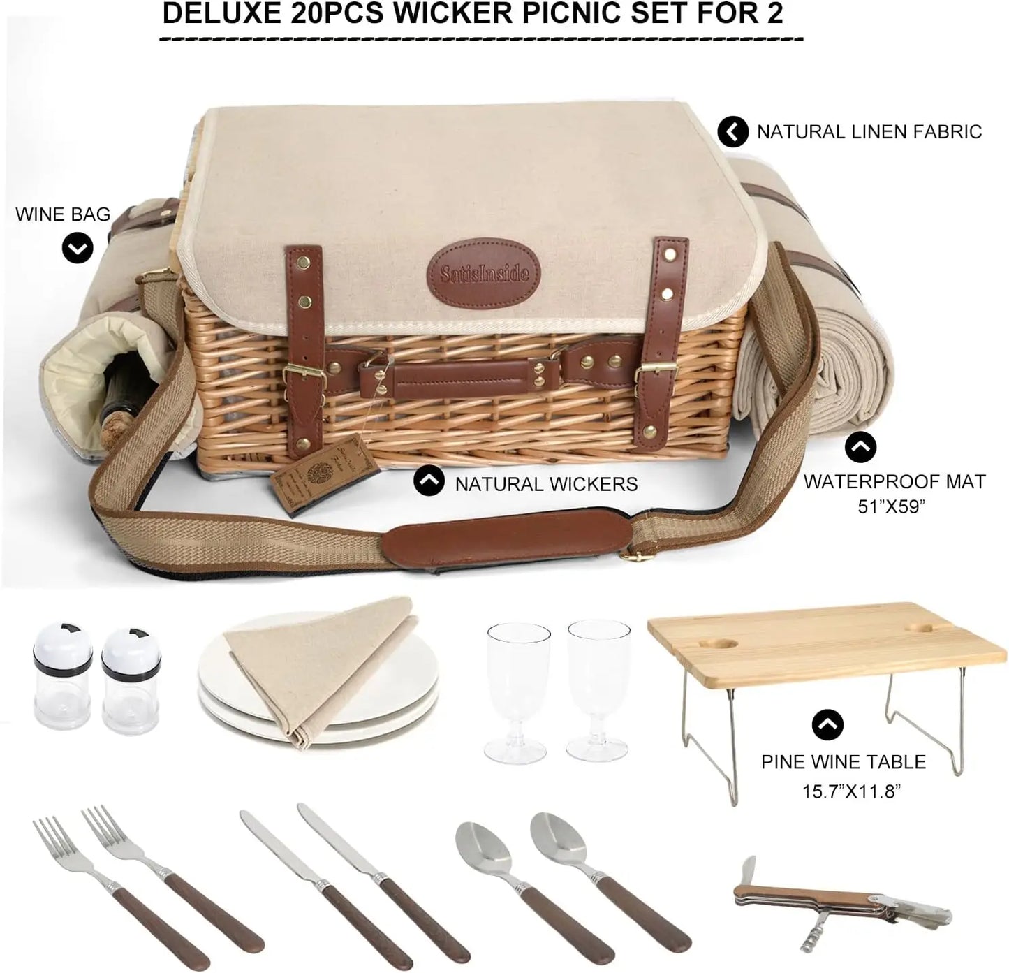 Multifunctional Wicker Picnic Basket Set for 2 with Blanket and Tableware