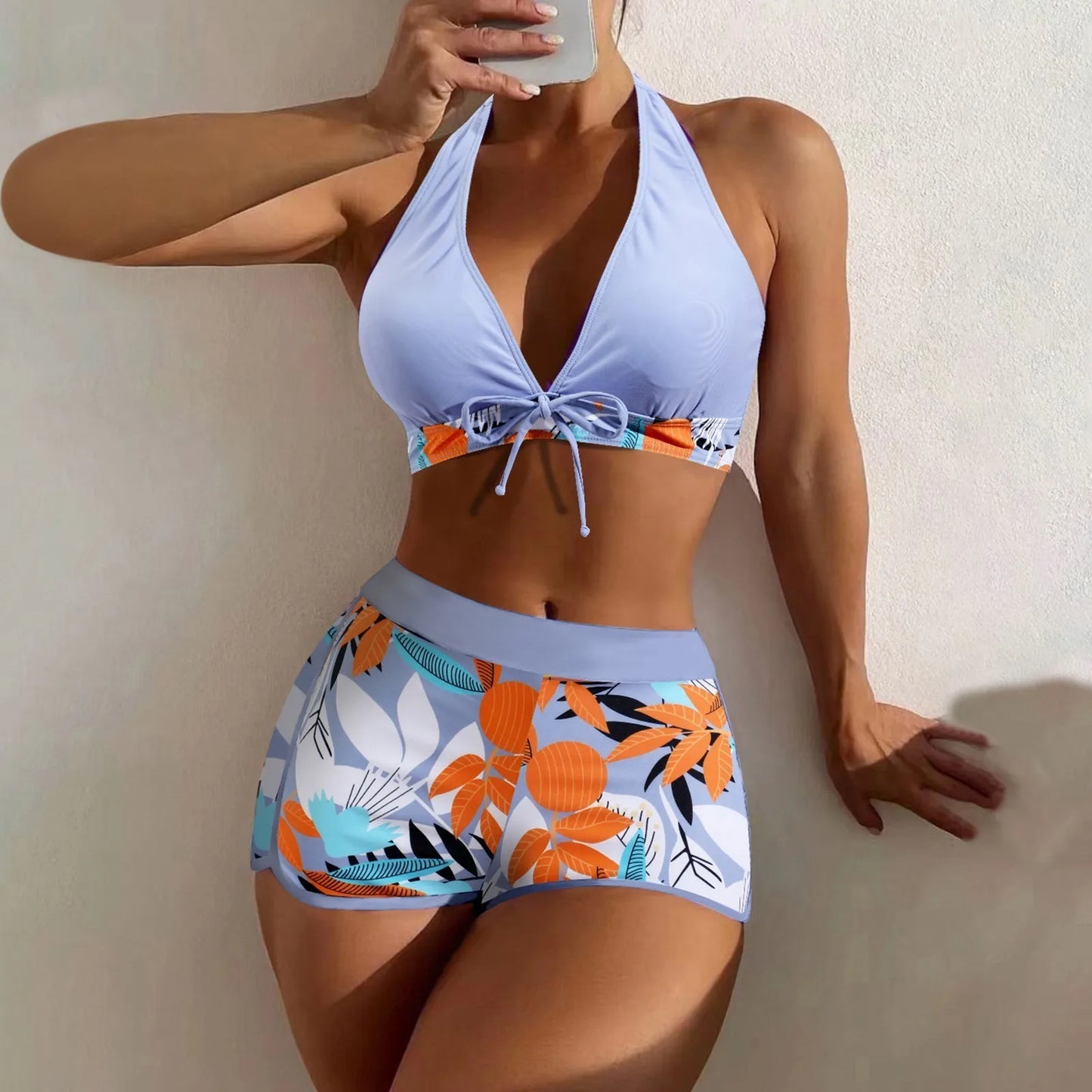 High Waist Plant Print Bikinis Set for Women Stylish Swimwear 2 Pieces