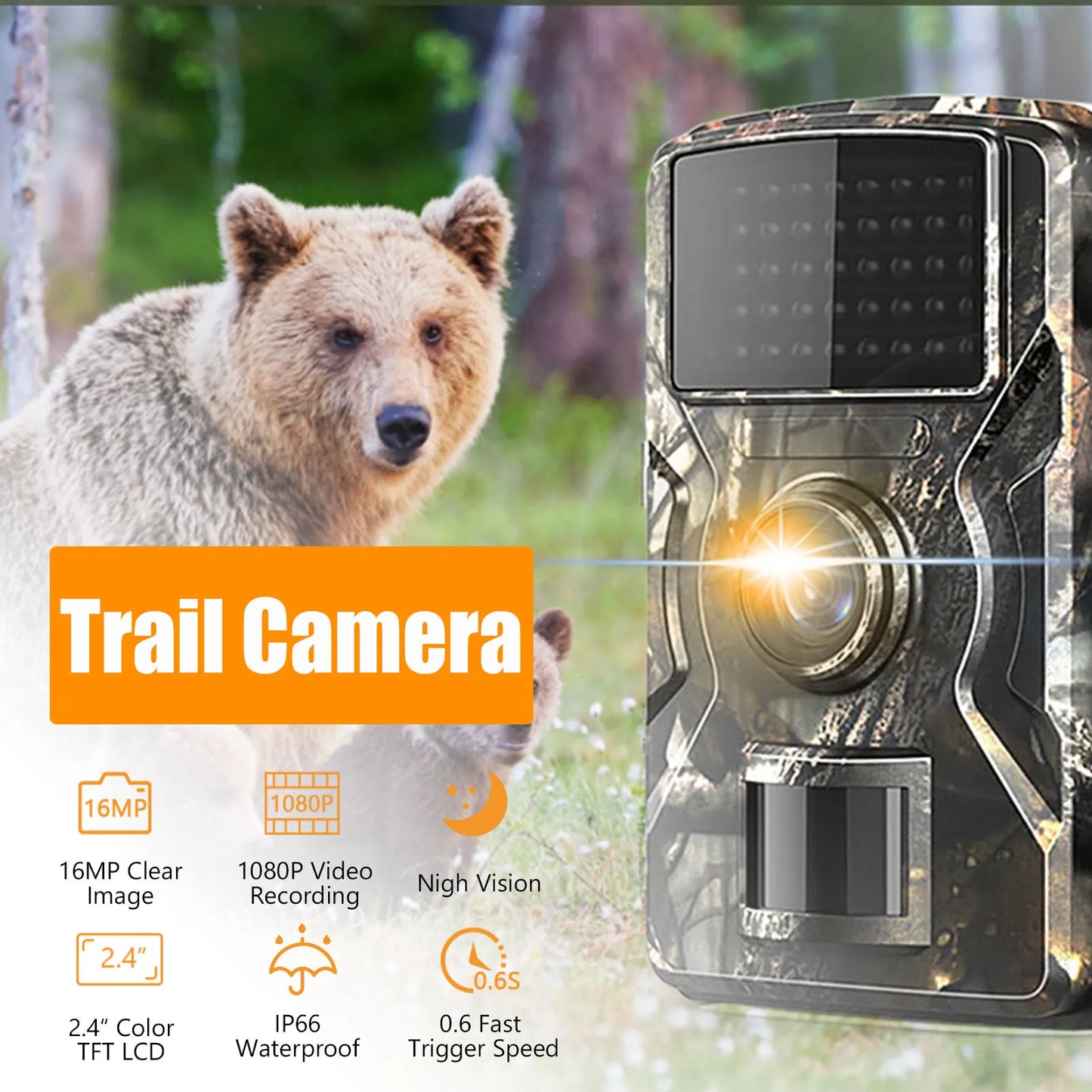 1080P Waterproof Hunting Camera with 16MP Night Vision and LCD Display