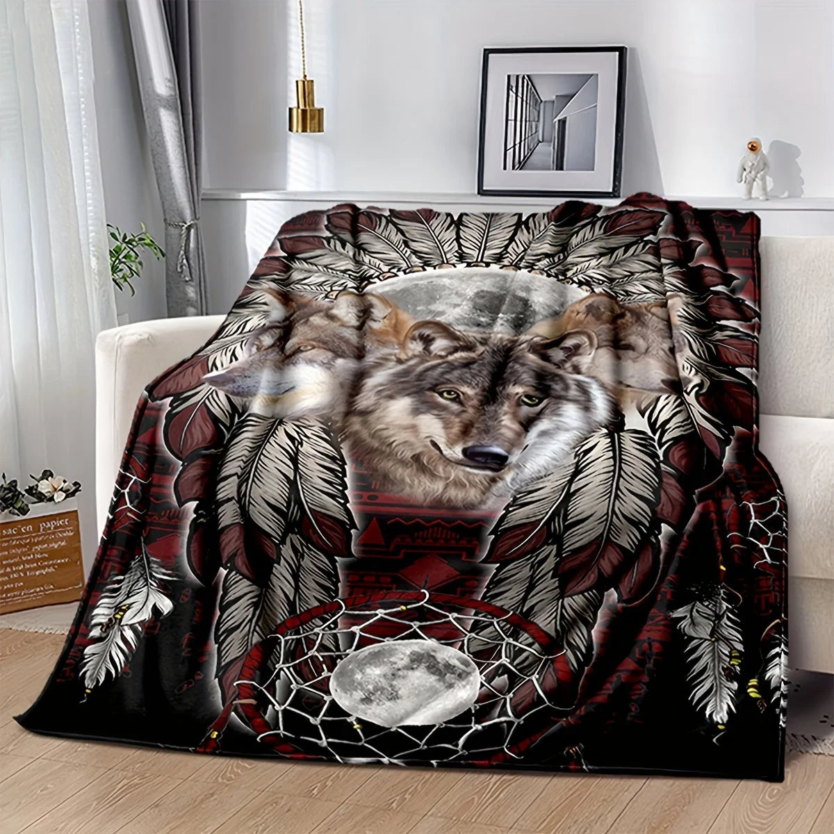 Soft And Warm Aboriginal Wolf Print Flannel Blanket For All Seasons