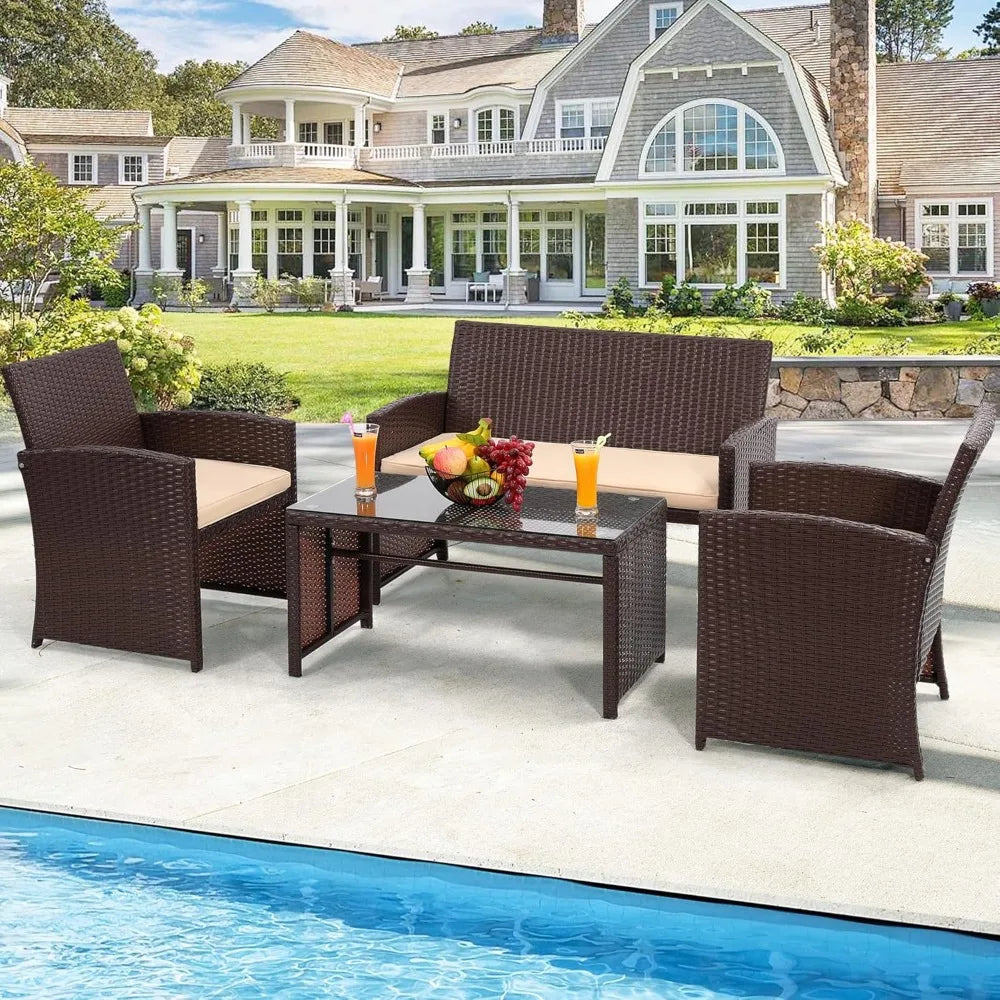 4 Piece Rattan Patio Furniture Set with Cushioned Sofa for Garden and Porch