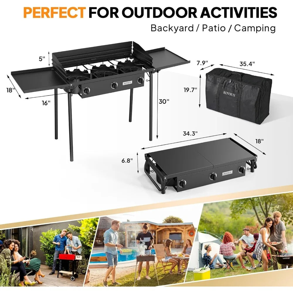 3 Burner Propane Gas Stove with Side Shelf and Tote Bag for Outdoor Cooking