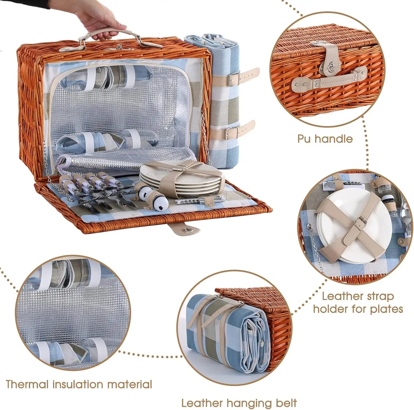 Wicker Picnic Basket for Four with Waterproof Blanket and Insulated Cooler