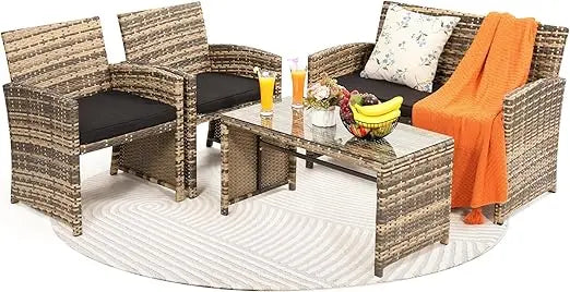 4 Piece Rattan Patio Furniture Set with Cushioned Sofa for Garden and Porch