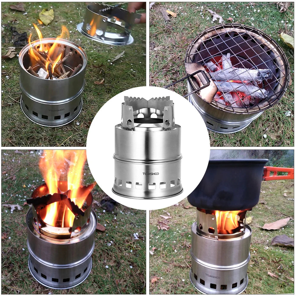 Portable Windproof Wood Burning Camping Stove with Folding Handle and Plate