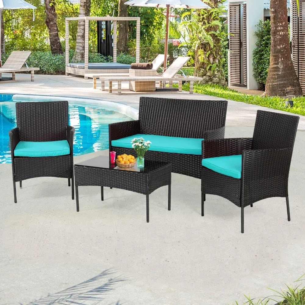 4-Piece Outdoor Wicker Patio Furniture Set with Coffee Table and Cushions