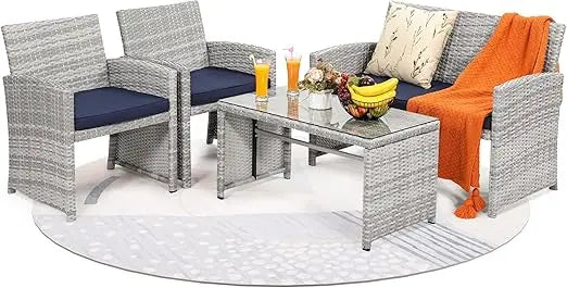 4 Piece Rattan Patio Furniture Set with Cushioned Sofa for Garden and Porch