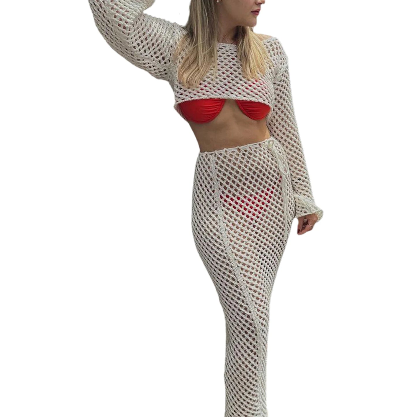 Women's Boho Crochet Bikini Cover Up Set Off Shoulder Top and Long Skirt