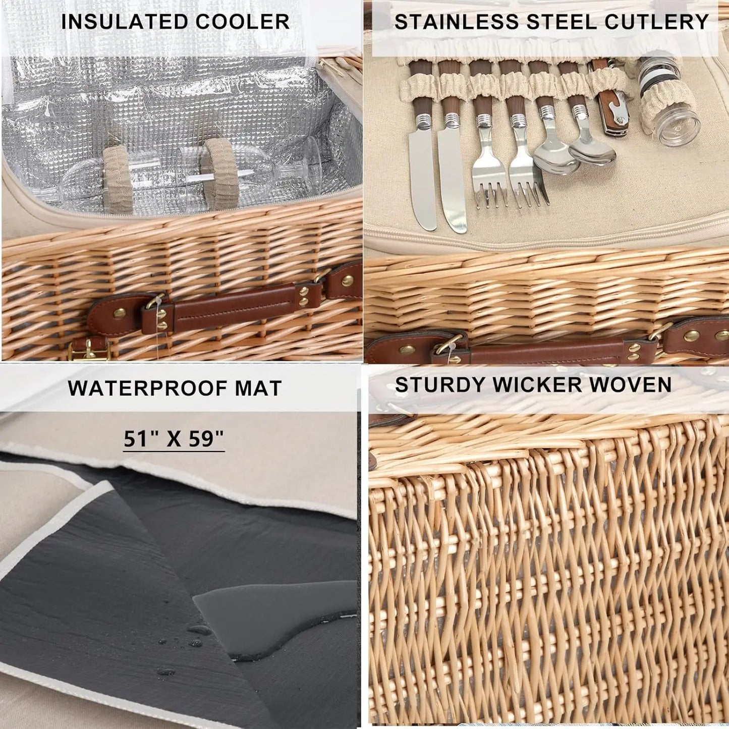 Multifunctional Wicker Picnic Basket Set for 2 with Blanket and Tableware