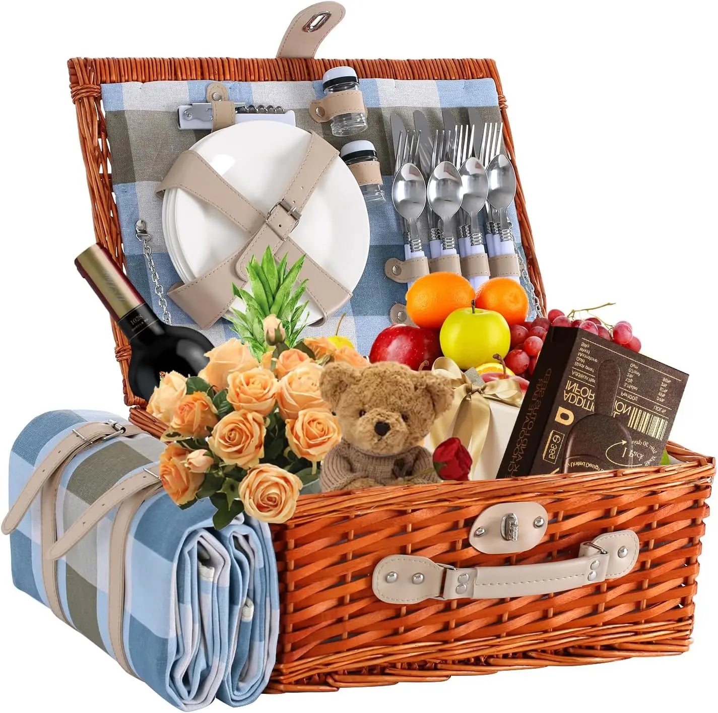 Wicker Picnic Basket for Four with Waterproof Blanket and Insulated Cooler