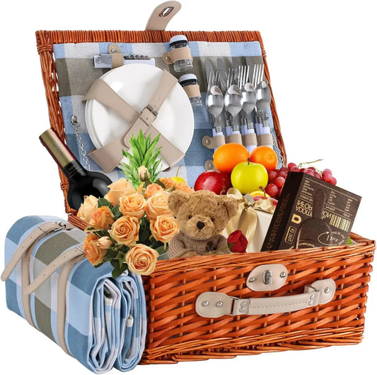 Wicker Picnic Basket for Four with Waterproof Blanket and Insulated Cooler