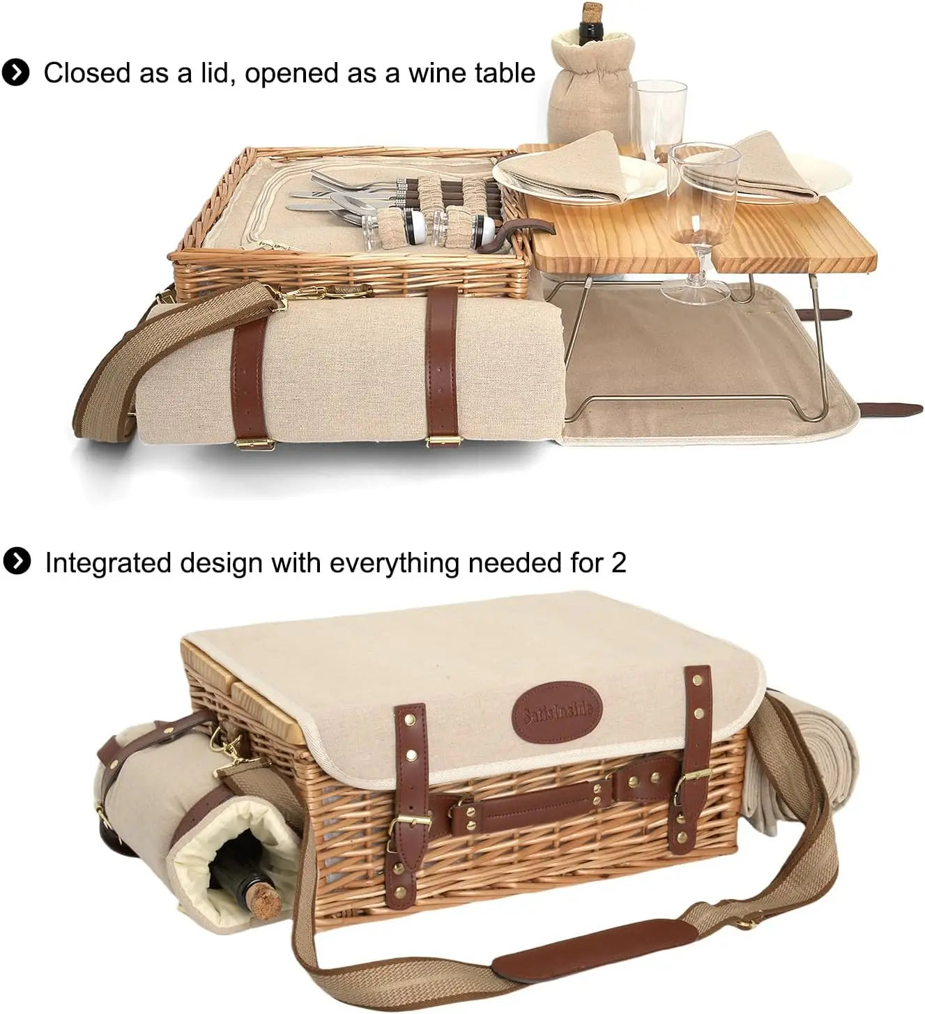 Multifunctional Wicker Picnic Basket Set for 2 with Blanket and Tableware