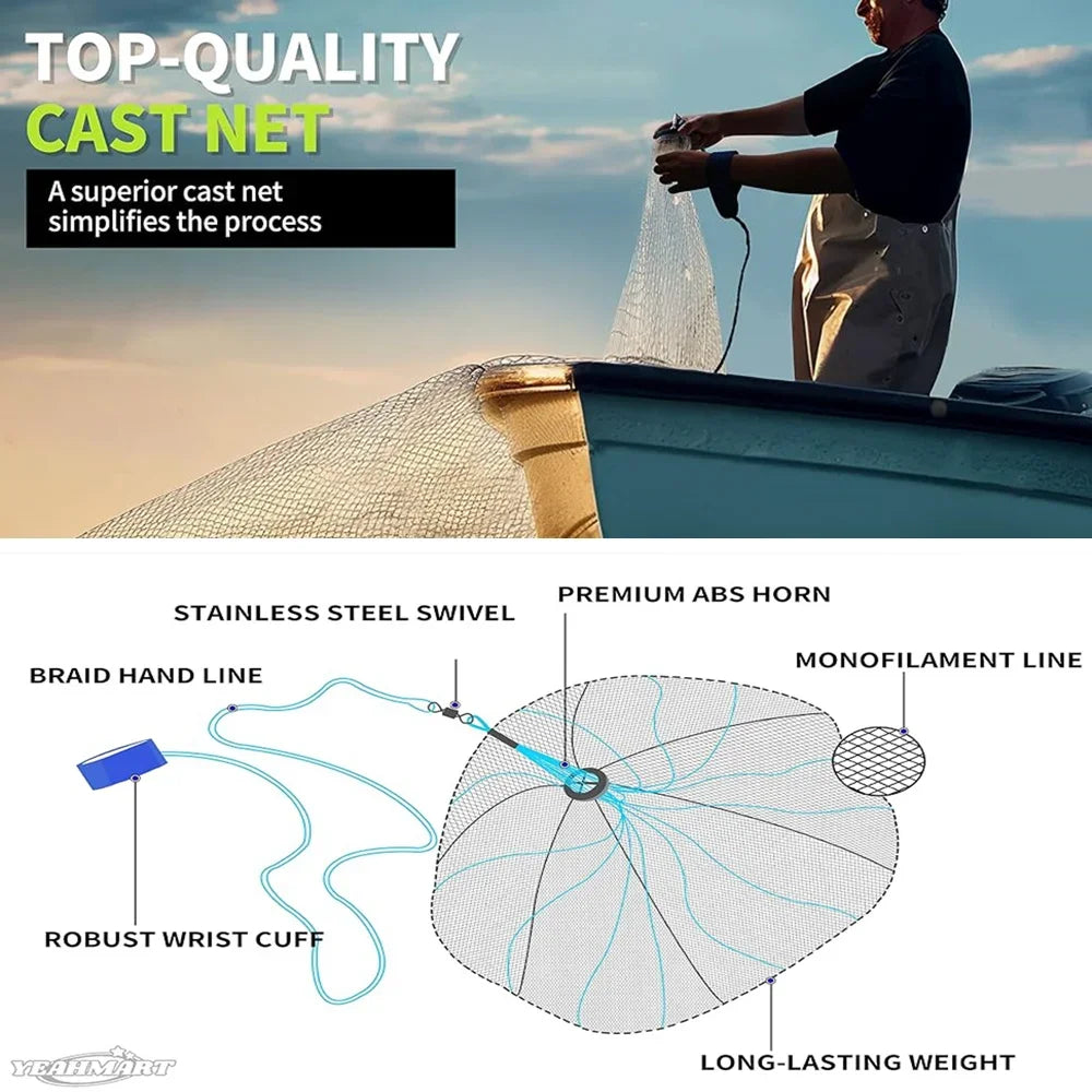 American Saltwater Fishing Cast Net with Heavy Duty Zinc Weights 3 to 10 Feet