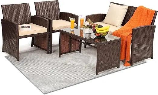 4 Piece Rattan Patio Furniture Set with Cushioned Sofa for Garden and Porch