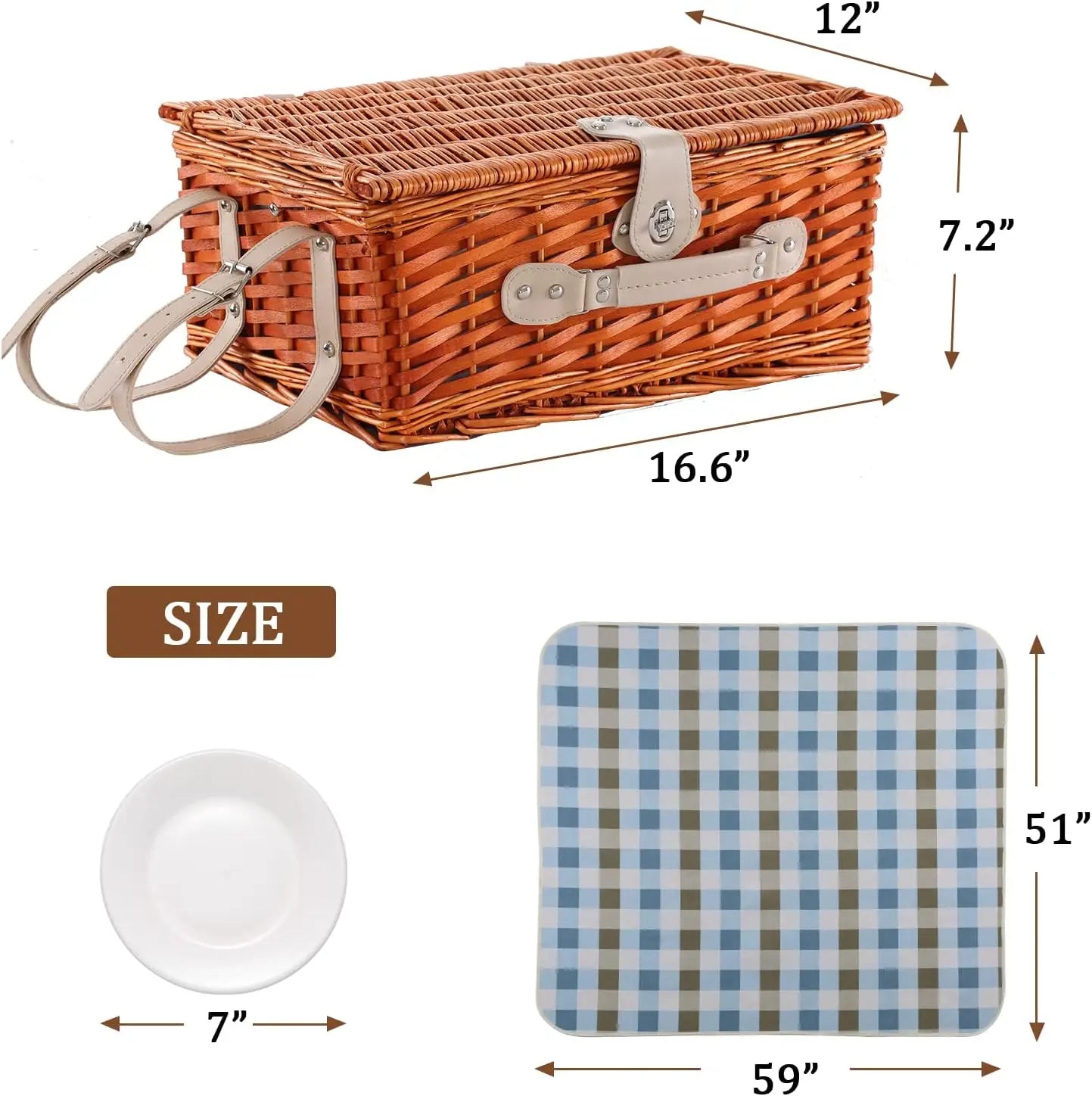 Wicker Picnic Basket for Four with Waterproof Blanket and Insulated Cooler
