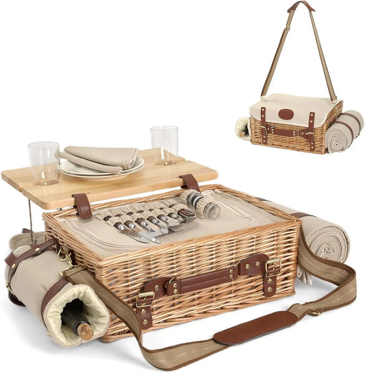 Multifunctional Wicker Picnic Basket Set for 2 with Blanket and Tableware