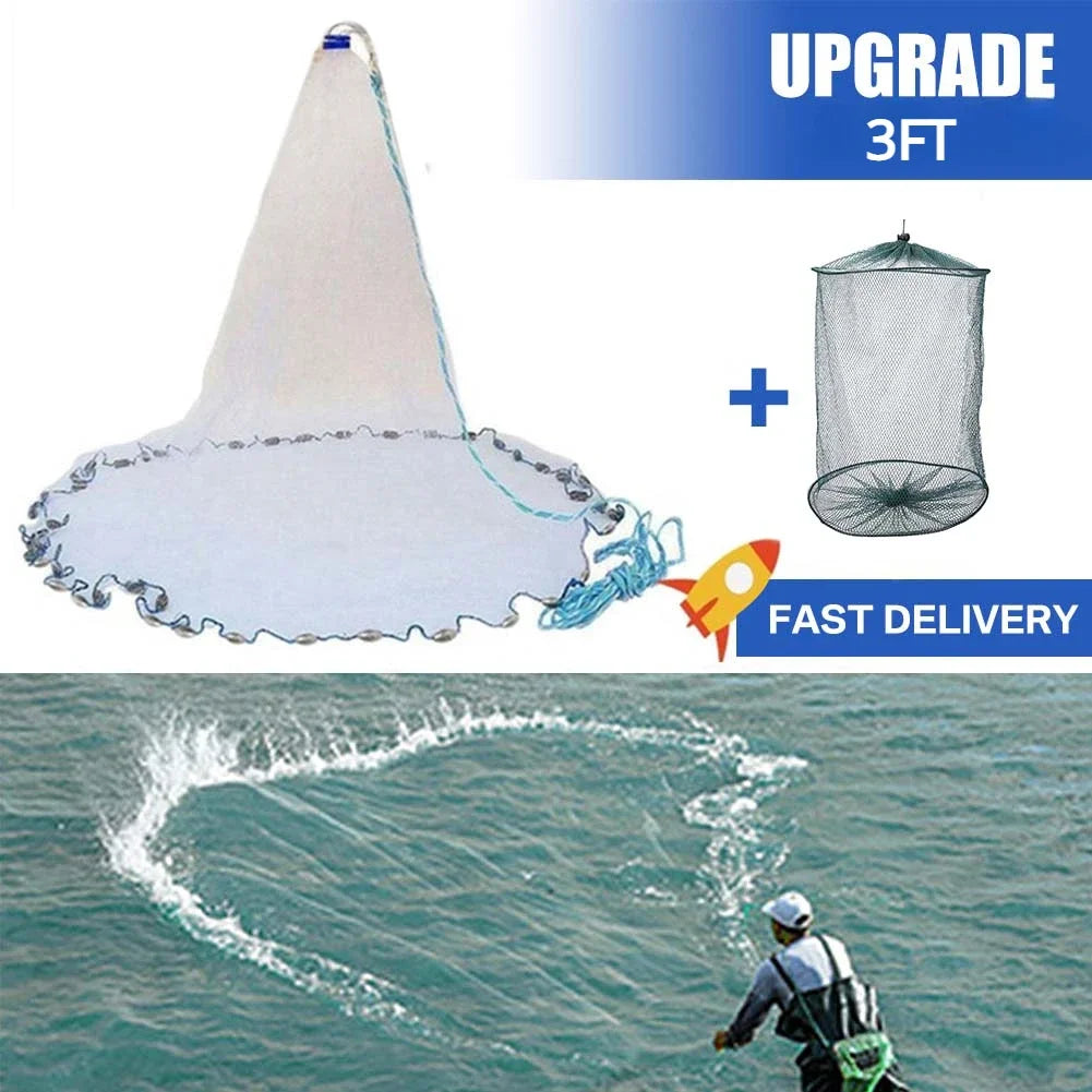 American Saltwater Fishing Cast Net with Heavy Duty Zinc Weights 3 to 10 Feet