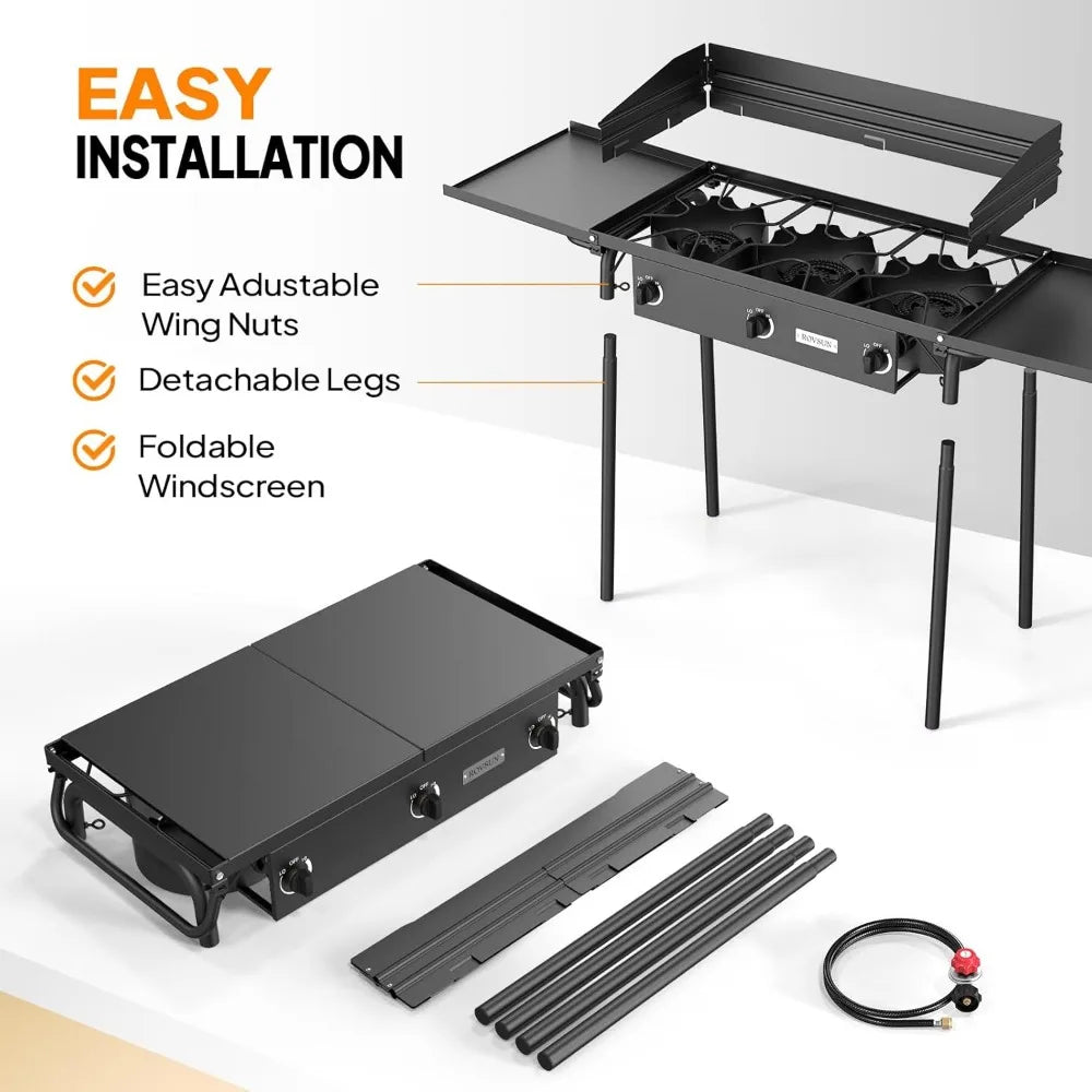3 Burner Propane Gas Stove with Side Shelf and Tote Bag for Outdoor Cooking