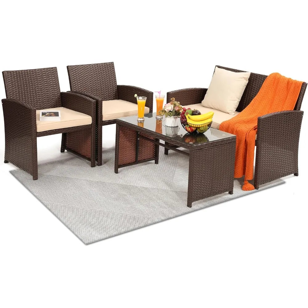4 Piece Rattan Patio Furniture Set with Cushioned Sofa for Garden and Porch