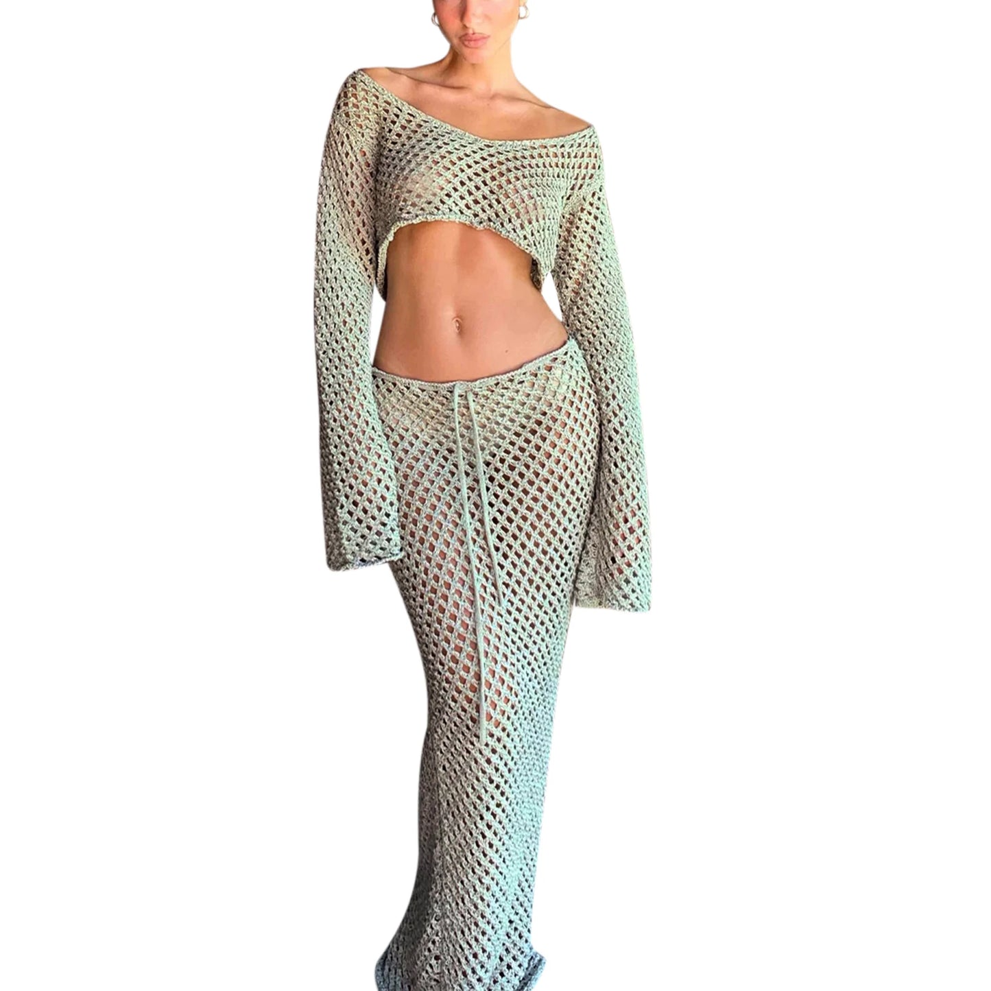 Women's Boho Crochet Bikini Cover Up Set Off Shoulder Top and Long Skirt