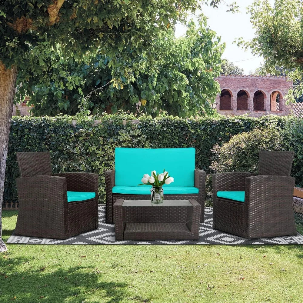 4 Pieces Outdoor PE Rattan Wicker Sofa Set with Cushions and Glass Table