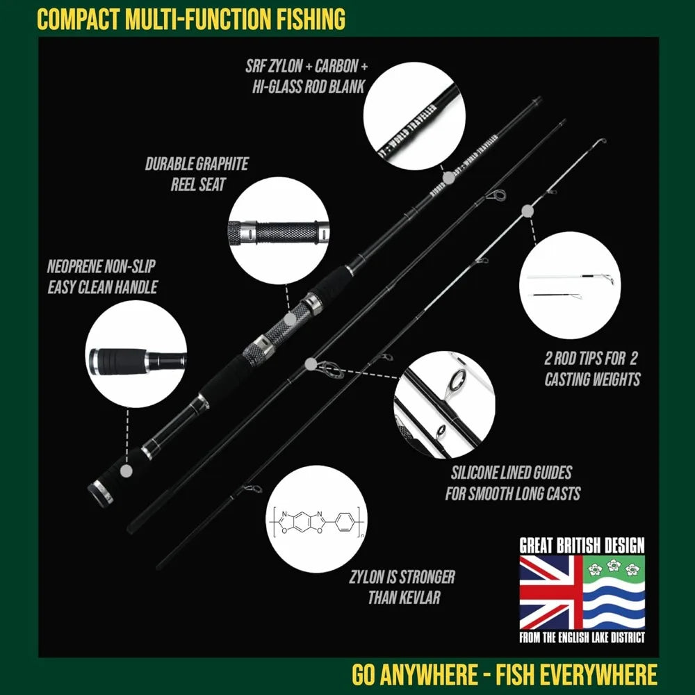 Compact Travel Fishing Rod and Reel Set with Case Six Sections and Two Tips