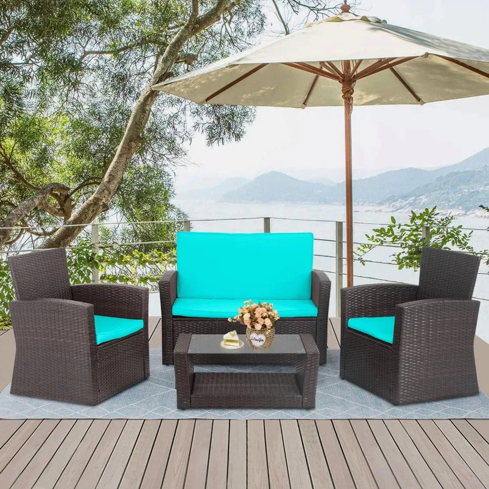 4 Pieces Outdoor PE Rattan Wicker Sofa Set with Cushions and Glass Table