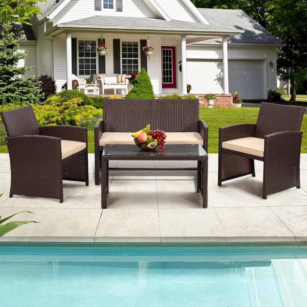 4 Piece Rattan Patio Furniture Set with Cushioned Sofa for Garden and Porch