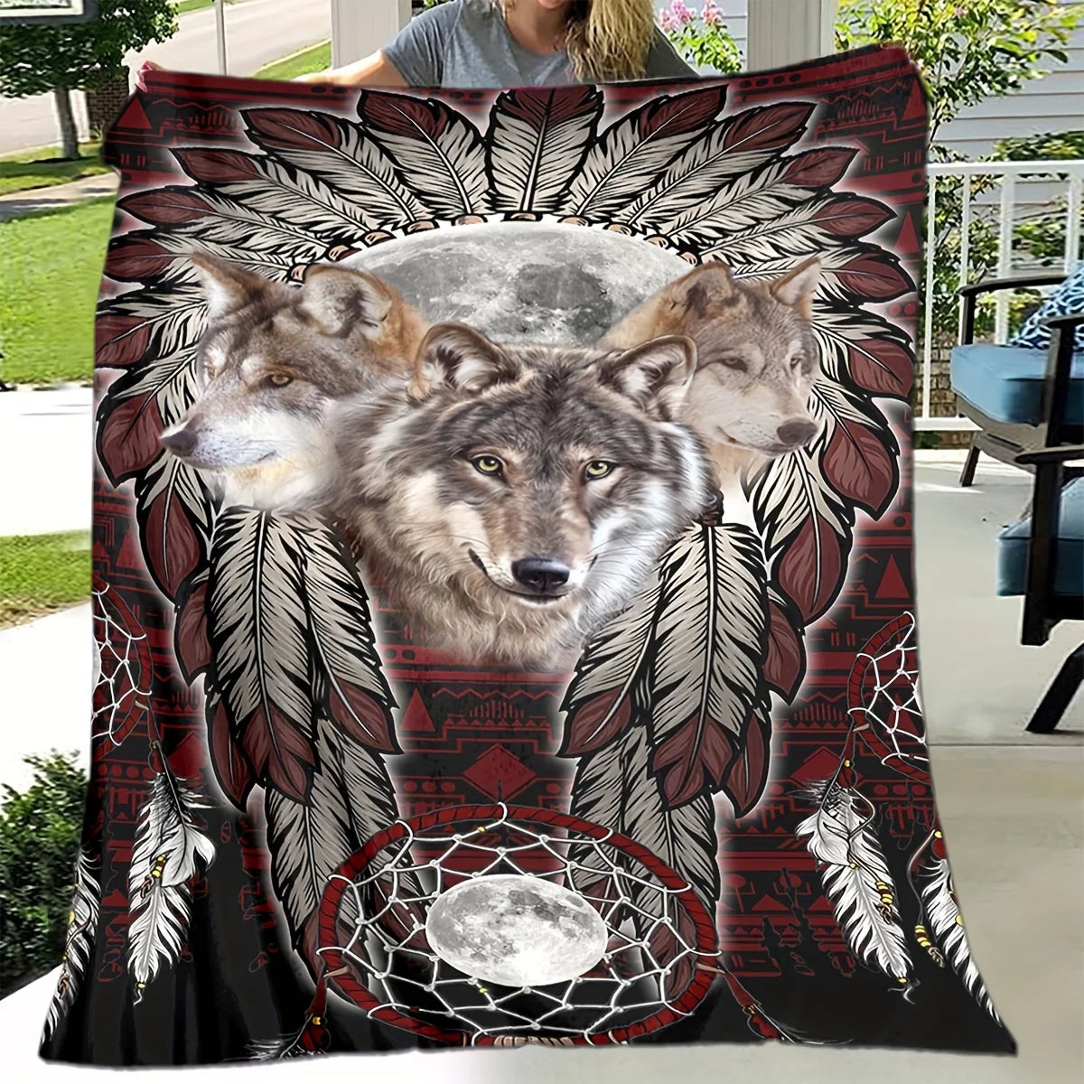 Soft And Warm Aboriginal Wolf Print Flannel Blanket For All Seasons