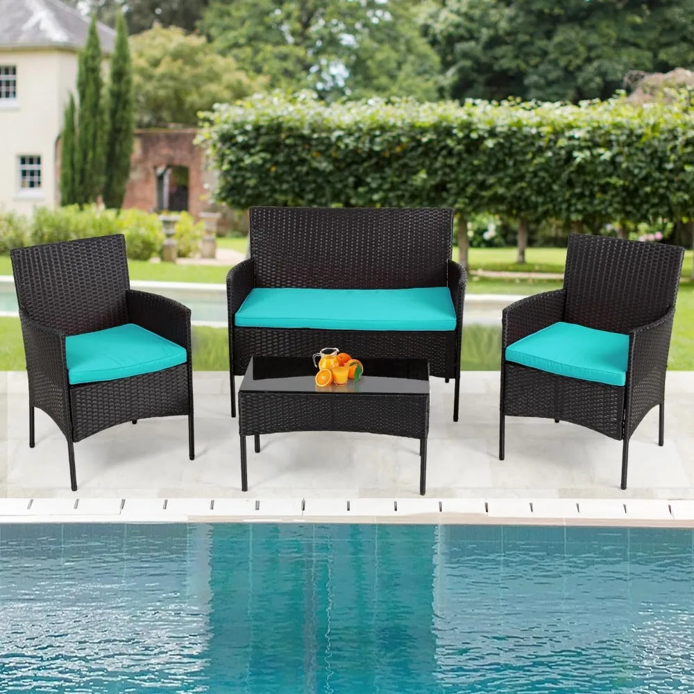 4-Piece Outdoor Wicker Patio Furniture Set with Coffee Table and Cushions
