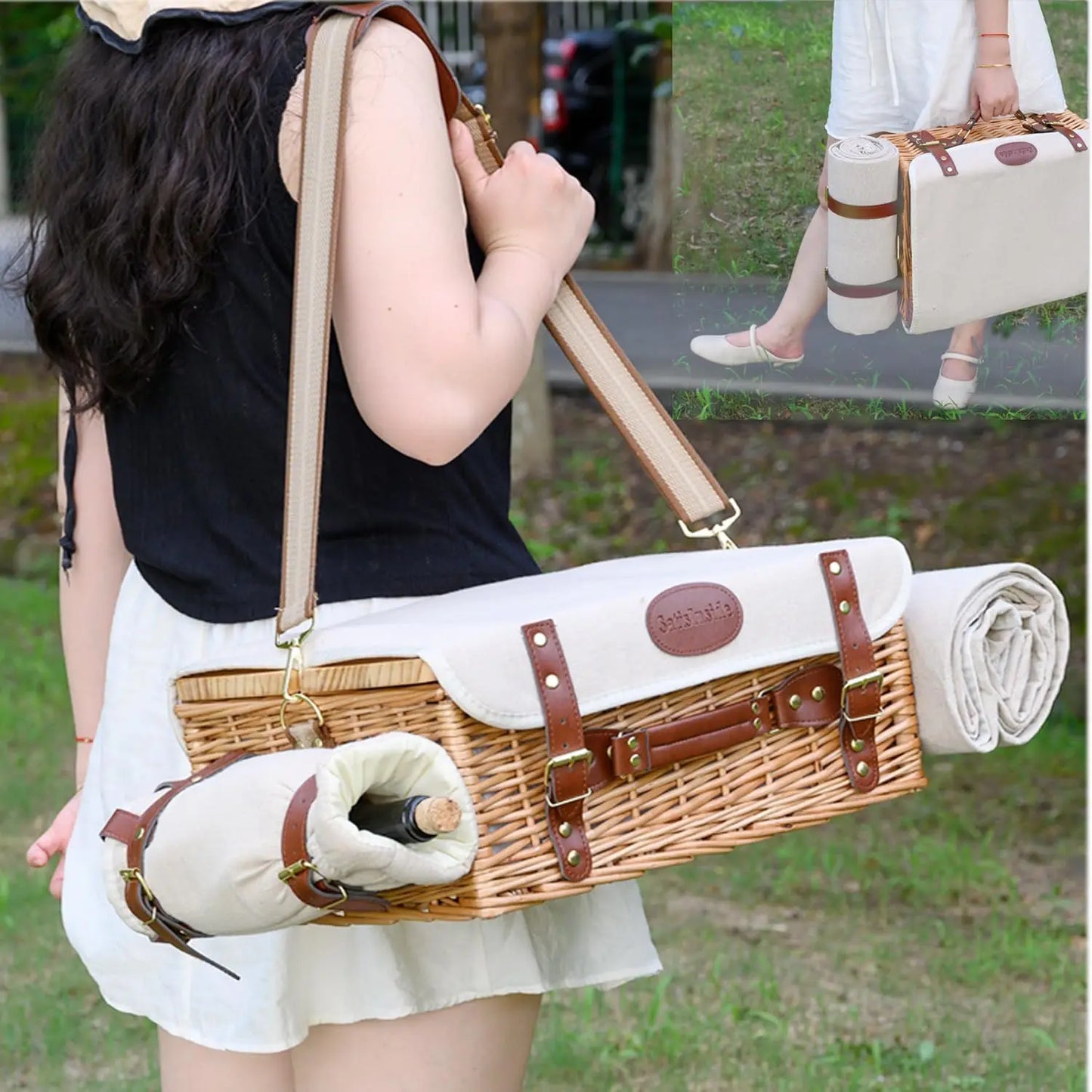 Multifunctional Wicker Picnic Basket Set for 2 with Blanket and Tableware