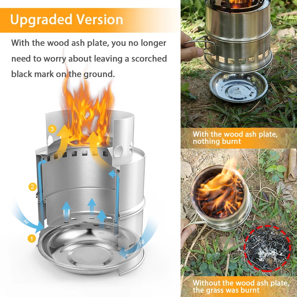 Upgrade Portable Camping Stove with Wood Ash Plate and Foldable Handle