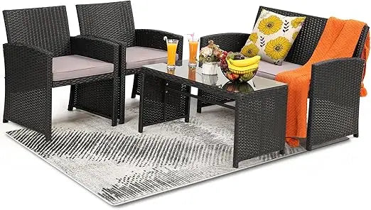 4 Piece Rattan Patio Furniture Set with Cushioned Sofa for Garden and Porch