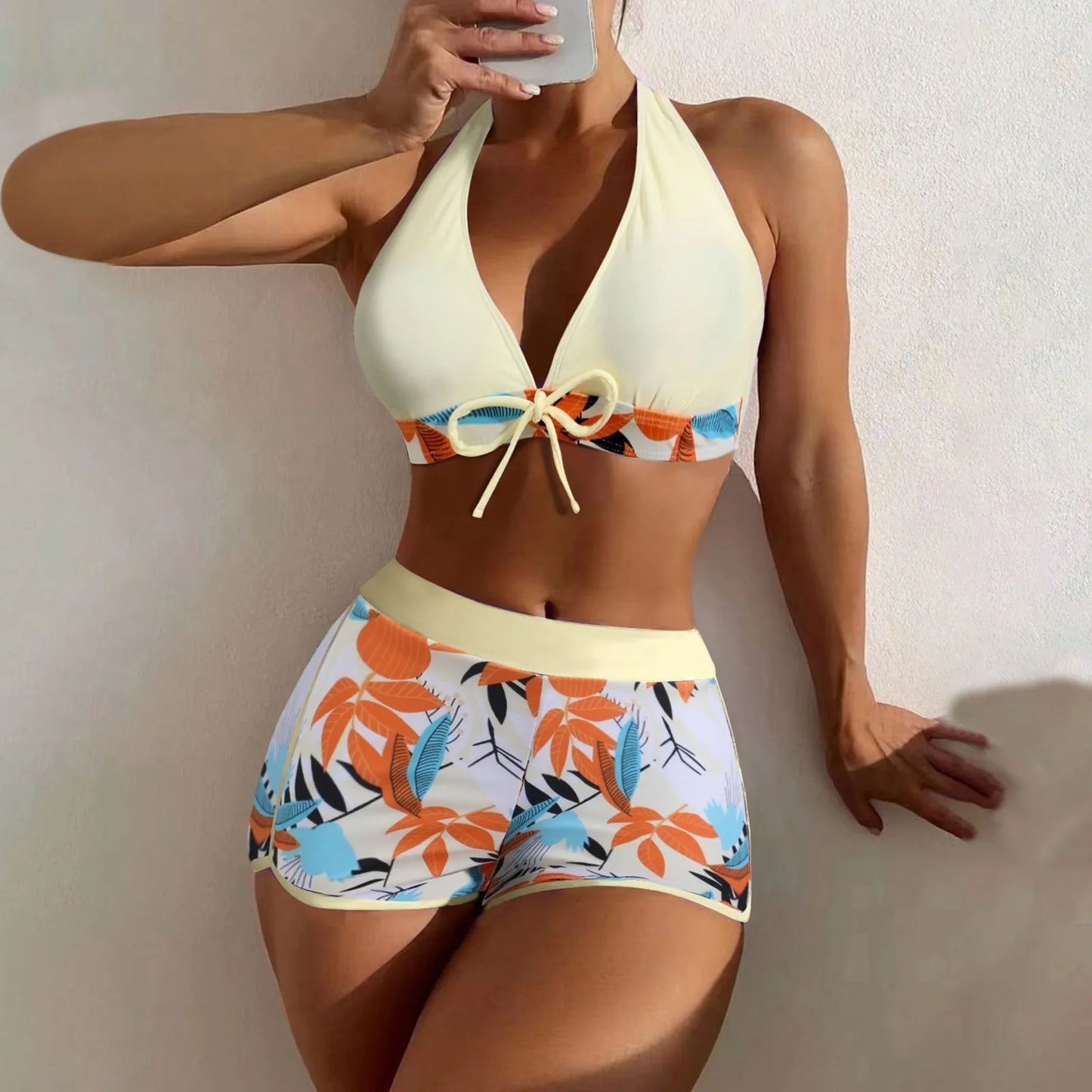 High Waist Plant Print Bikinis Set for Women Stylish Swimwear 2 Pieces
