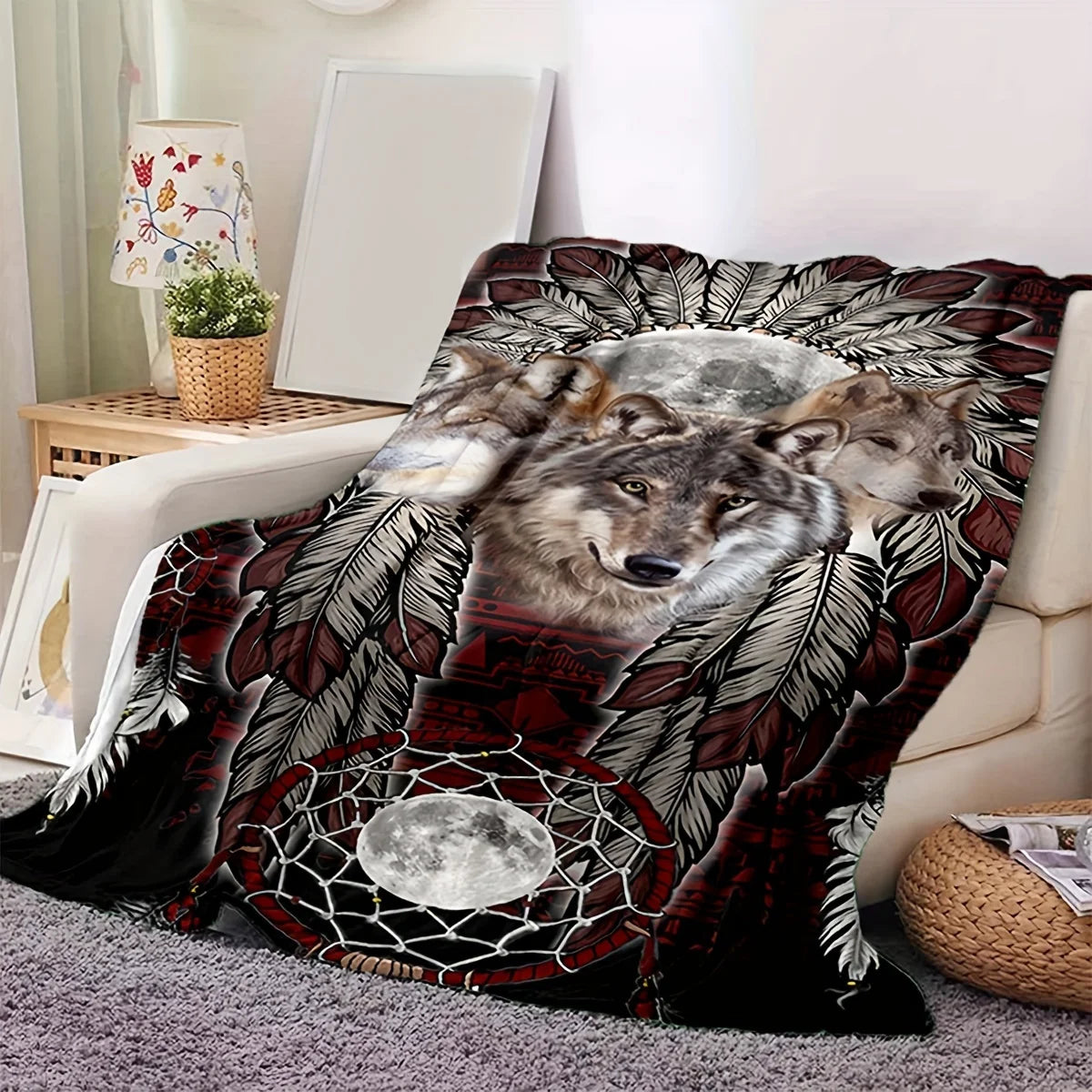 Soft And Warm Aboriginal Wolf Print Flannel Blanket For All Seasons