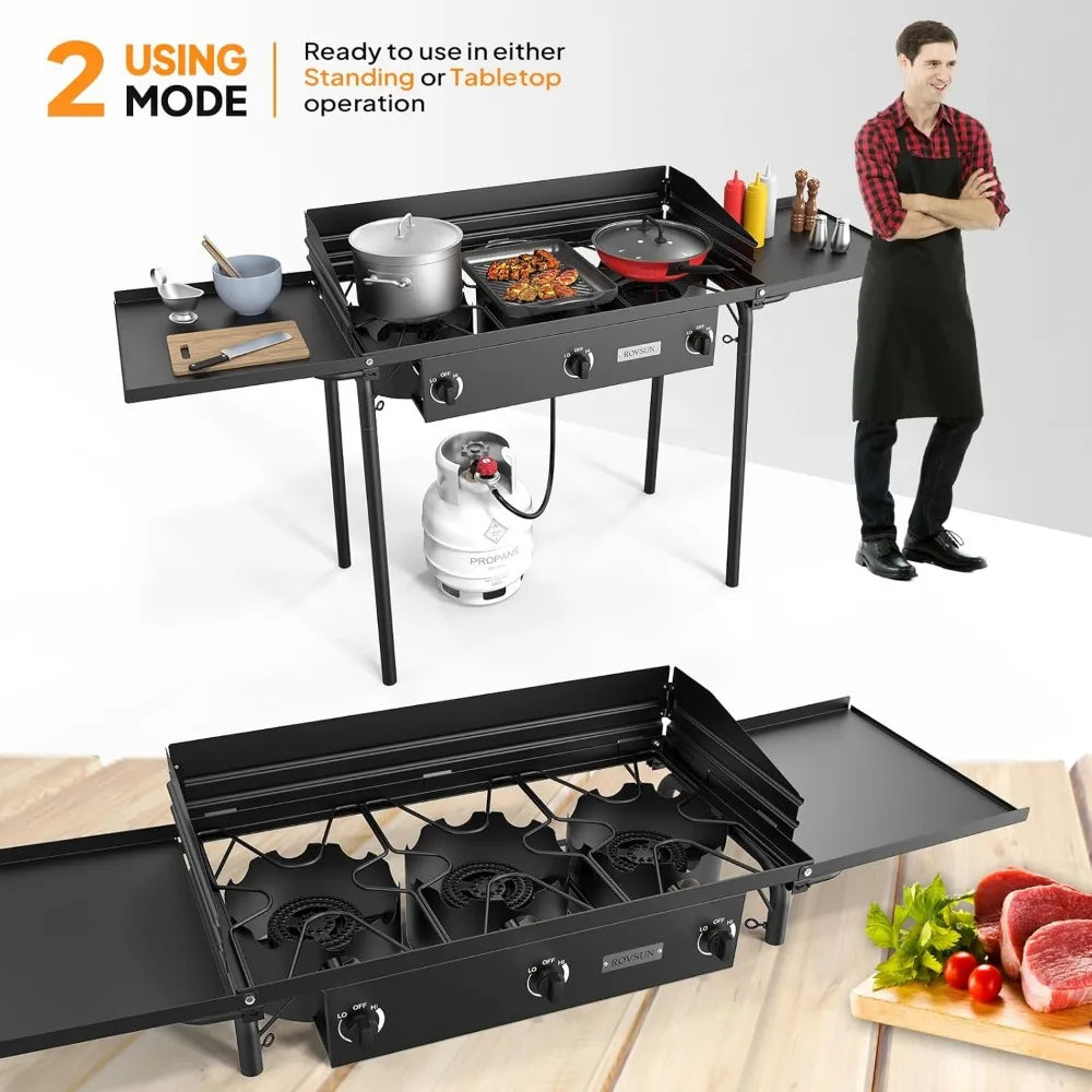 3 Burner Propane Gas Stove with Side Shelf and Tote Bag for Outdoor Cooking