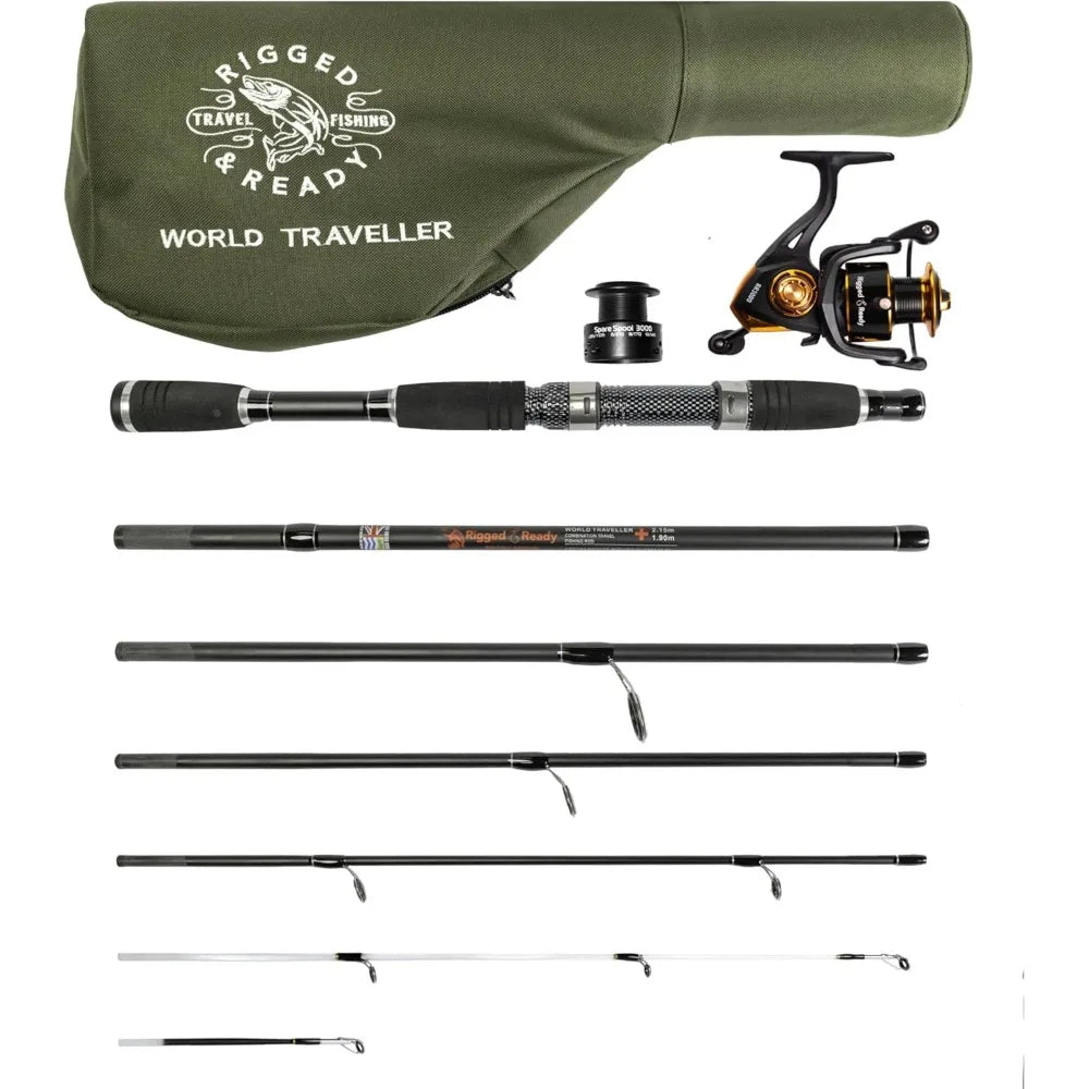 Compact Travel Fishing Rod and Reel Set with Case Six Sections and Two Tips