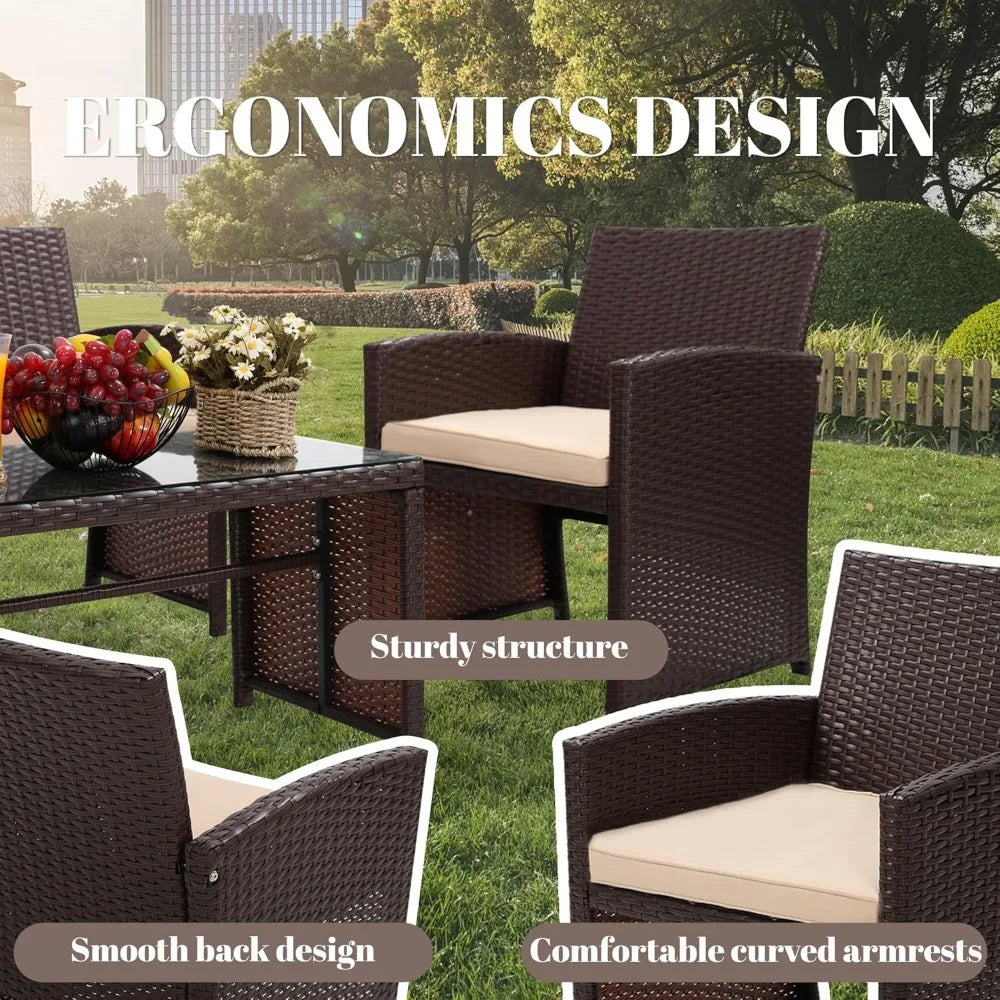 4 Piece Rattan Patio Furniture Set with Cushioned Sofa for Garden and Porch