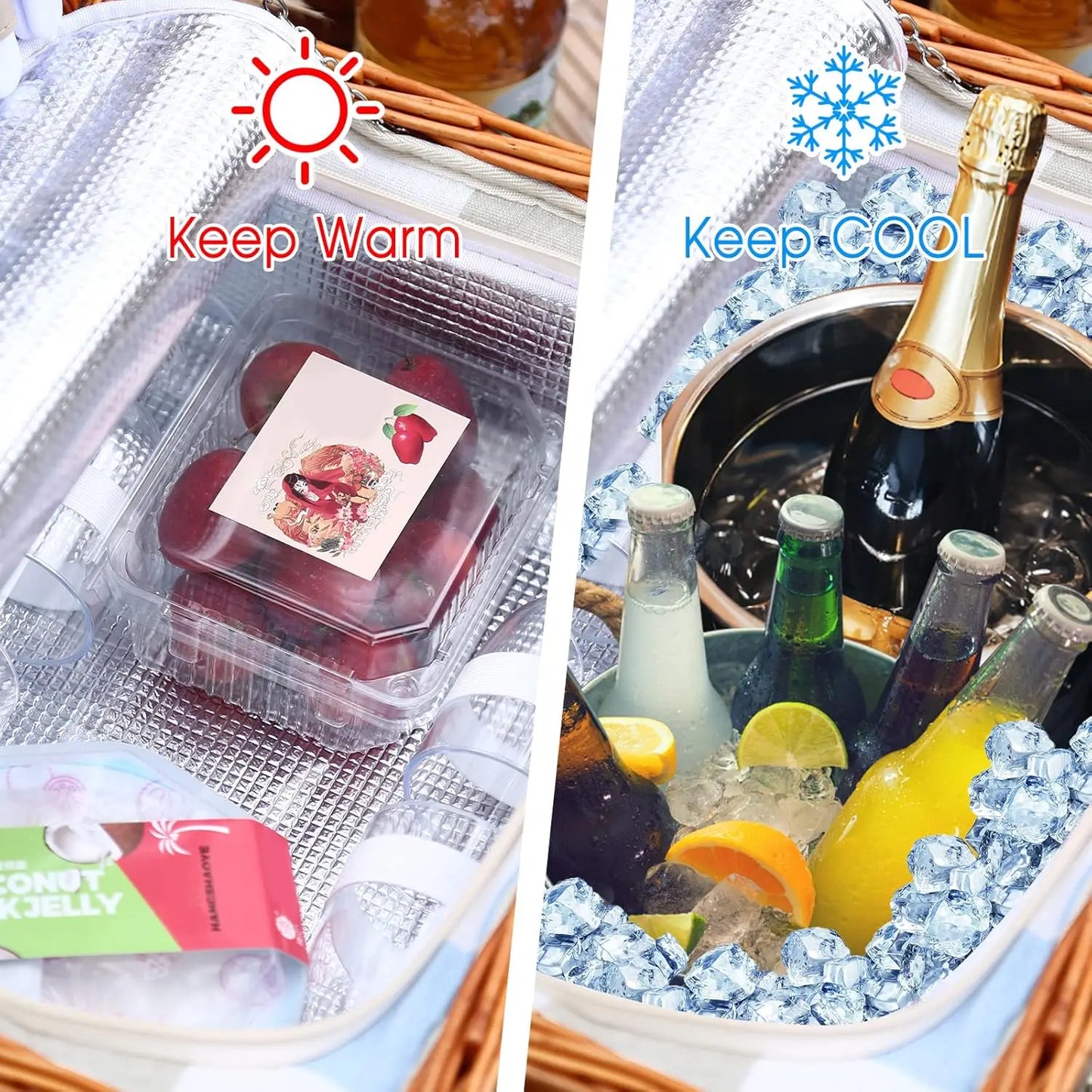 Wicker Picnic Basket for Four with Waterproof Blanket and Insulated Cooler