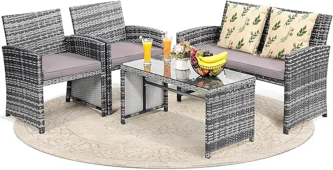 4 Piece Rattan Patio Furniture Set with Cushioned Sofa for Garden and Porch