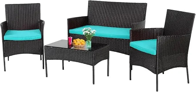 4-Piece Outdoor Wicker Patio Furniture Set with Coffee Table and Cushions