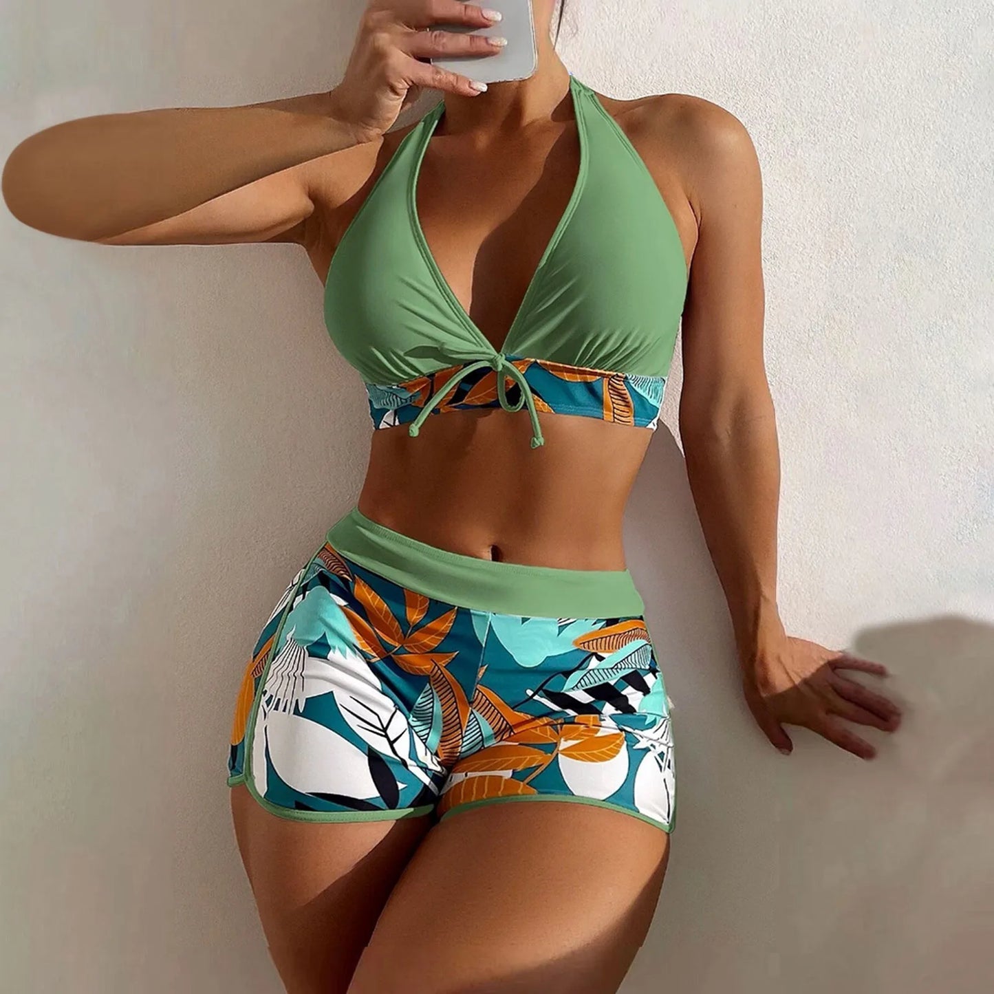 High Waist Plant Print Bikinis Set for Women Stylish Swimwear 2 Pieces