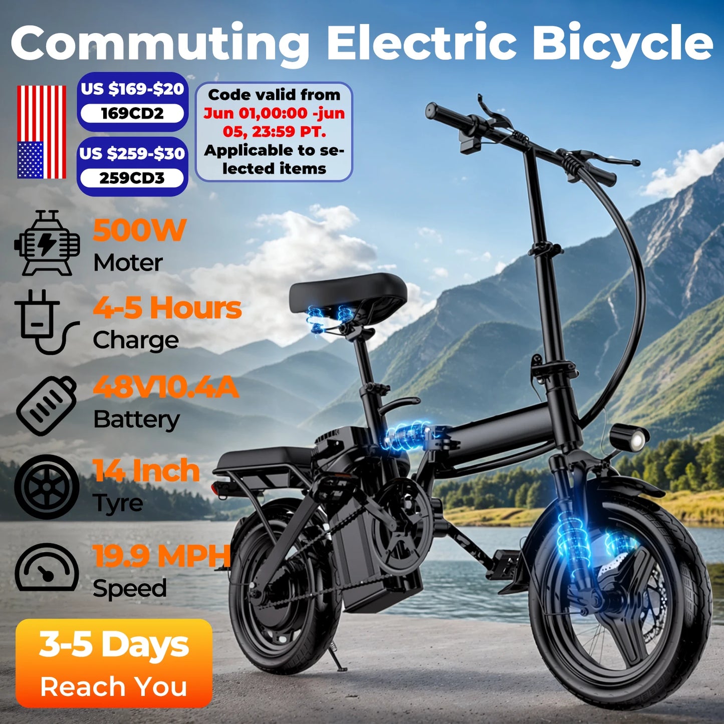 14 Inch Foldable Electric Bike for Adults with 500W Motor and Removable Battery
