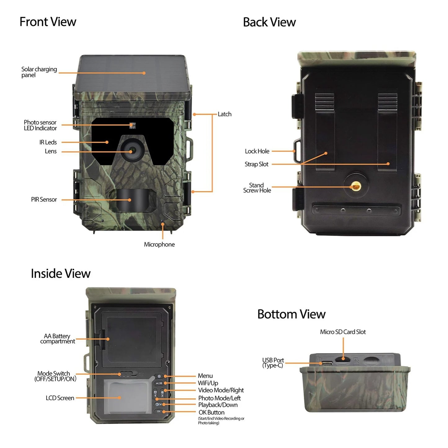 Solar Powered 50MP 4K Trail Camera With 0.3s Trigger Time For Wildlife Monitoring