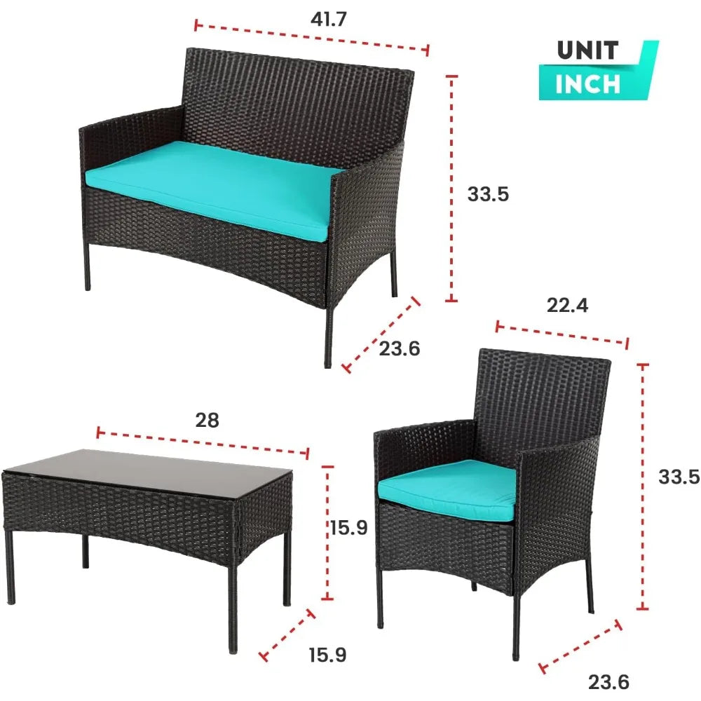 4-Piece Outdoor Wicker Patio Furniture Set with Coffee Table and Cushions
