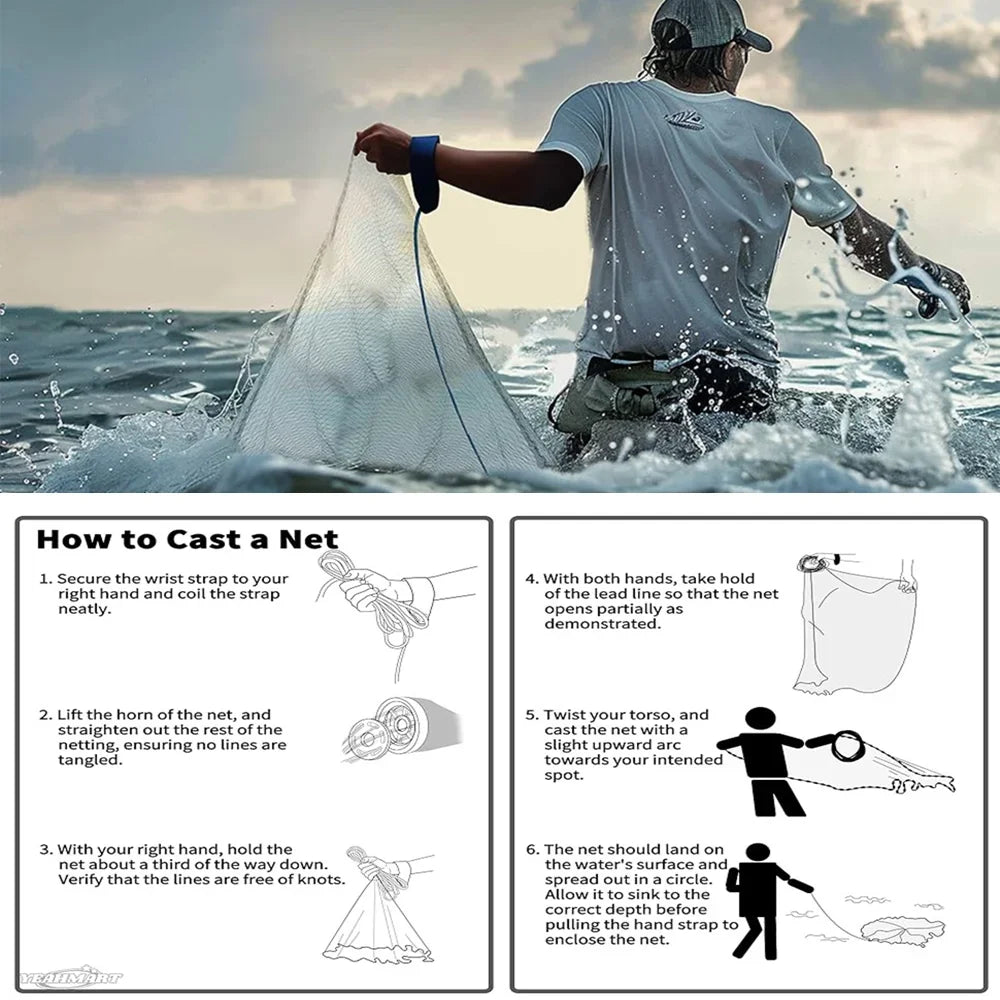 American Saltwater Fishing Cast Net with Heavy Duty Zinc Weights 3 to 10 Feet