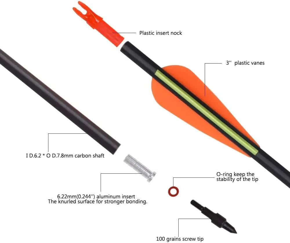 Carbon Hunting Arrows with 100 Grain Removable Tips for Archery Practice