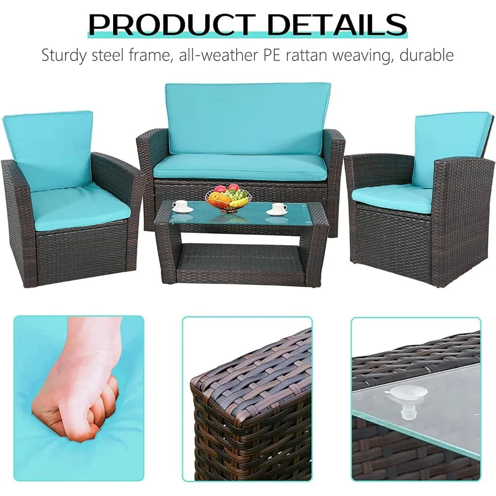 4 Pieces Outdoor PE Rattan Wicker Sofa Set with Cushions and Glass Table